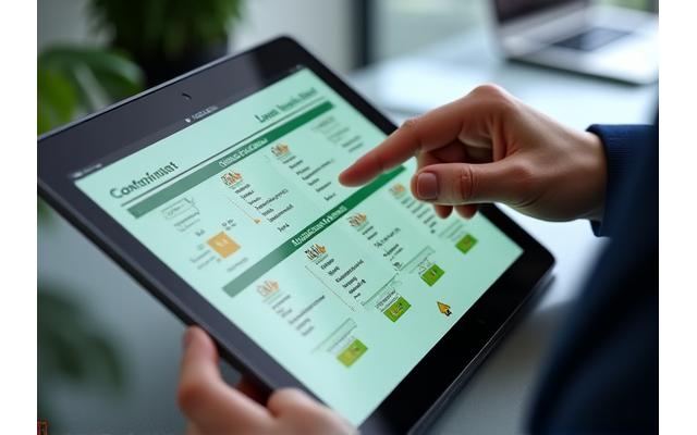 Main d'un employé consultant d'ayhanada.com pointant des données sur un écran d'ordinateur ou une tablette avec un schéma de chaîne d'approvisionnement et des icônes d'alerte. Le bureau est moderne et propre, accentuant la planification et la continuité des affaires.