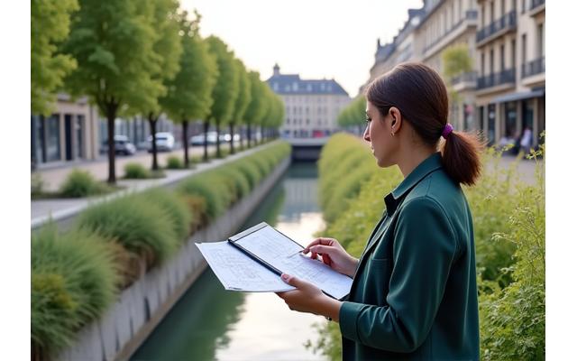 Ingénieur consultant d'ayhanada.com examinant un plan de système de drainage résilient dans une zone urbaine à Paris près de la Seine, avec des infrastructures vertes de gestion des eaux pluviales en arrière-plan. Focus sur l'ingénierie et la prévention des inondations.