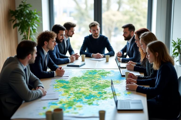 Une équipe de consultants d'ayhanada.com en réunion avec des élus locaux ou des urbanistes dans une salle de réunion lumineuse, devant une grande carte de la région Île-de-France affichant des données de planification urbaine et climatique. L'ambiance est collaborative et professionnelle.