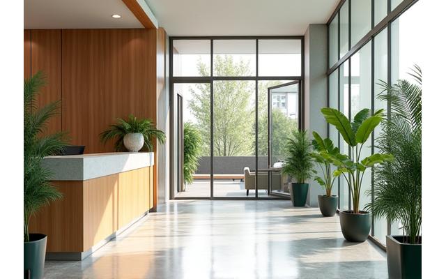 Photo de l'entrée moderne et lumineuse des bureaux d'ayhanada.com à Paris, avec un espace d'accueil verdoyant.
