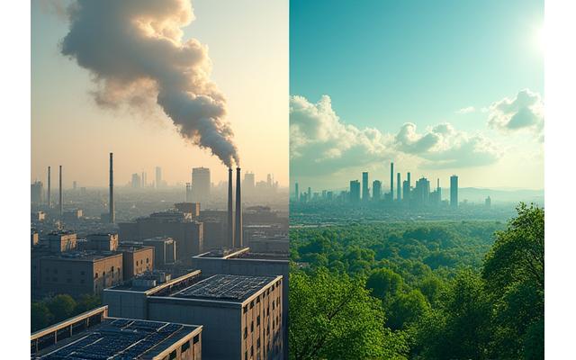 Avant/Après de l'usine Aube Industries, montrant la réduction de la pollution grâce aux solutions d'ayhanada.com.