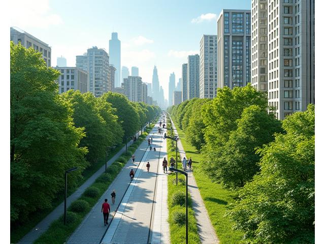 Illustration d'une ville intégrant des parcs verdoyants, des transports en commun électriques et des éoliennes, symbolisant une collectivité durable.